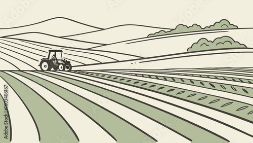 Tractor Working Rolling Hills Farmland Field Illustration.