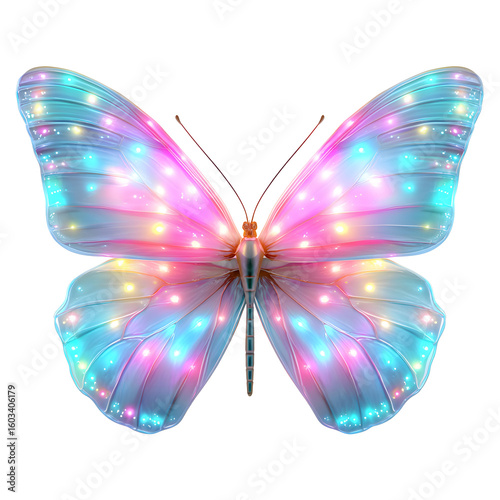 Elegant butterfly with vibrant neon lights on wings isolated against black backdrop