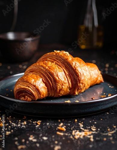 Golden Flaky Croissant with Sesame Seeds on Dark Plate Closeup Macro Shot.