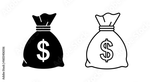 Illustration of a black filled money bag and a white outlined money bag icon design