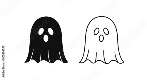 Two cartoon ghosts one black and one white with oval eyes and mouth shapes