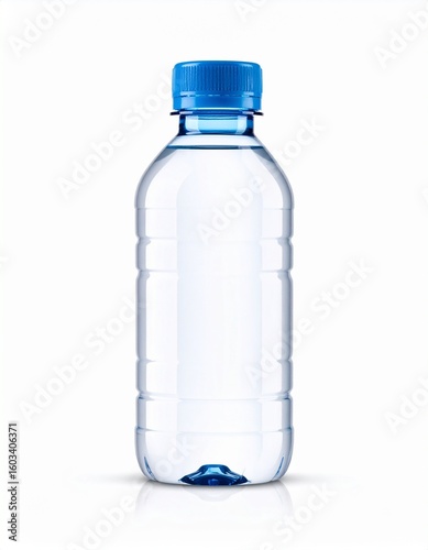 Pristine Small Water Bottle with Vibrant Blue Cap Isolated on White with Reflection.