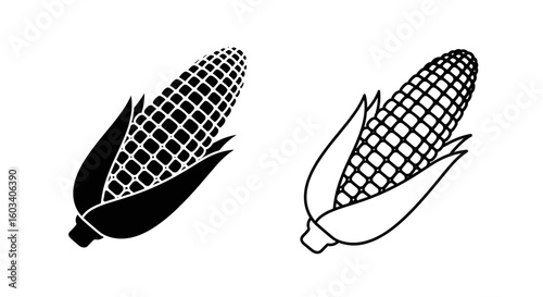 Illustration of two corn cobs one solid black and the other in outline style