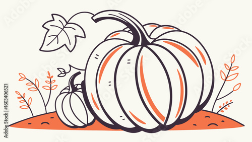 Two Cute Pumpkins on a Patch of Earth.