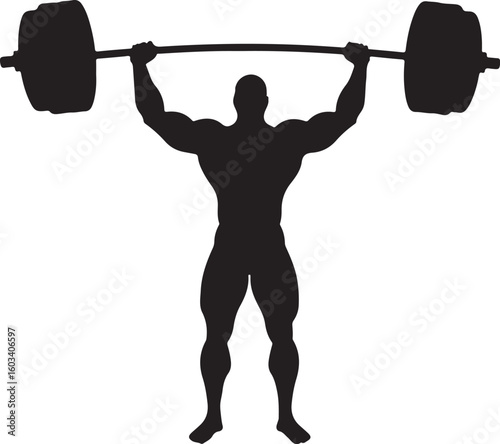 Weightlifting silhouette vector, strong human lifting barbell, strength training icon, gym fitness pose, muscular figure outline art, black illustration shape design