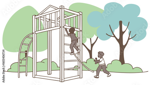 Two Children Playing on a Play Structure in a Park.