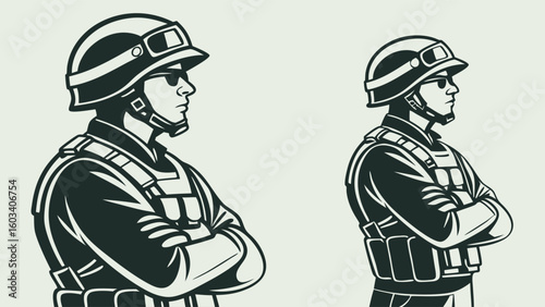 Two Soldiers in Profile Military Helmets and Body Armor.