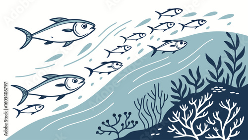 Underwater Scene with Tuna and Fish School.