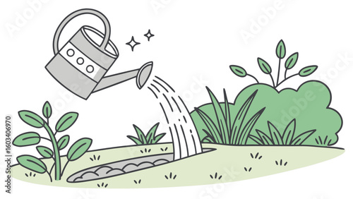 Watering Can Pouring Water onto Plants and Bushes.