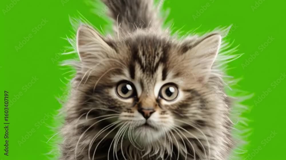 A fluffy kitten floating in the air with a green screen background looking at the camera view green screen animal video