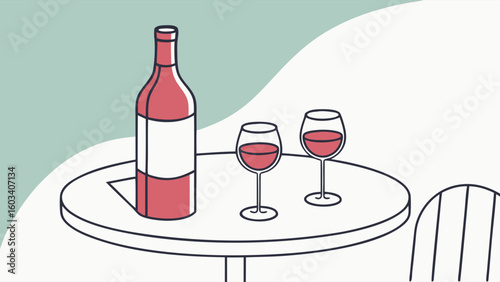 Wine Bottle and Glasses on a Table Outdoors.