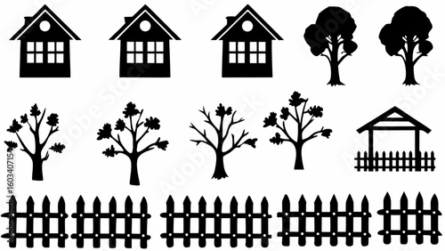 Illustration with houses, trees, gazebo and fence in black silhouette against a white background design element