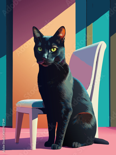 black cat in front of the chair