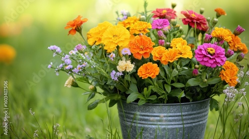 Vibrant flower bouquet in a tin bucket