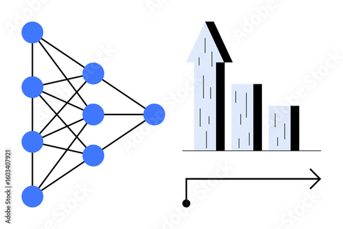 Neural network diagram connects blue nodes, leading to a bar chart with an upward arrow. Ideal for AI, machine learning, business growth, data science, analytics, innovation, simple landing page