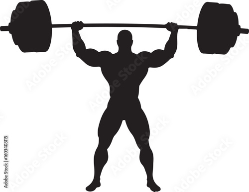 Barbell lift silhouette, muscular human figure icon, strength training pose, fitness vector illustration, weightlifting outline design, gym workout symbol, black art style