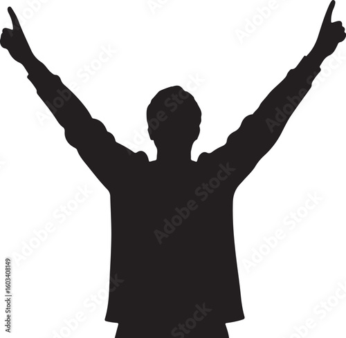 Victory silhouette vector, raised arms figure icon, celebration pose design, triumphant gesture art, upward point human shape, emotional black outline illustration symbol