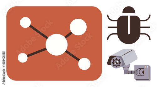 Network connectivity diagram, malware bug and gear-enhanced security camera representing cyber threats, surveillance, data protection, technology infrastructure, digital safety, and hacking