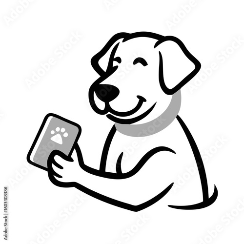 Happy dog holding a vet passport with a paw print design  