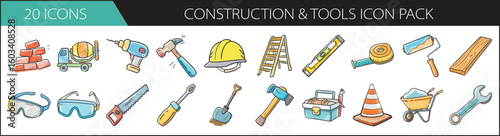 20 Hand-Drawn Construction and Tools Icons - Set of 20 colorful doodle-style icons featuring construction gear, safety equipment, power tools, and building materials for builders.