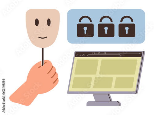 Hand holding a smiling mask, three lock icons indicating security, computer screen with blank windows. Ideal for cybersecurity, anonymity, privacy, data protection, identity theft, internet safety