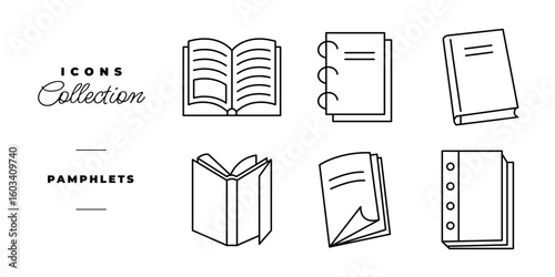 Pamphlet icons set. Notebook, pad, book in various bindings. Bonding of printed product sheets. Education Collection of isolated symbols for web, design, social media, printing.