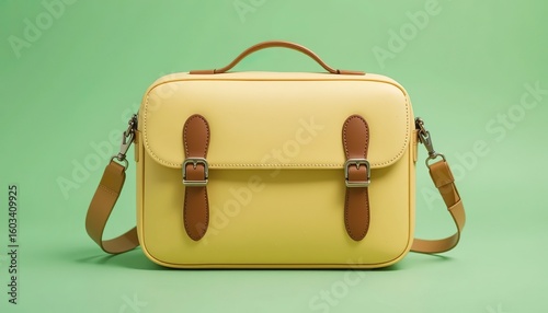 Pale yellow camera bag with soft brown straps on pistachio green background