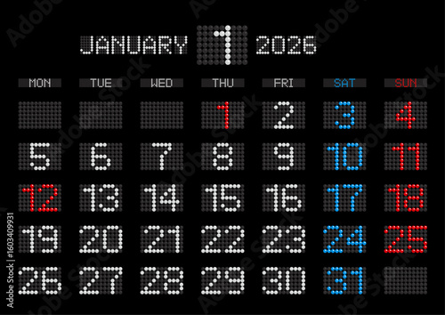 2026年1月の電光掲示板風カレンダー 月曜始まり