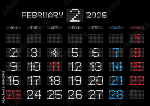 2026年2月の電光掲示板風カレンダー 月曜始まり