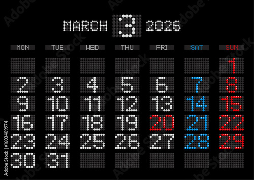 2026年3月の電光掲示板風カレンダー 月曜始まり