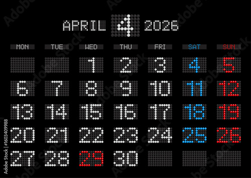 2026年4月の電光掲示板風カレンダー 月曜始まり