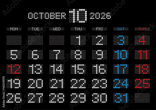2026年10月の電光掲示板風カレンダー 月曜始まり