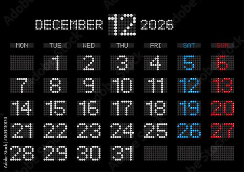 2026年12月の電光掲示板風カレンダー 月曜始まり
