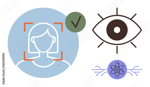 Profile face with scan marks and checkmark, stylized eye symbol, atom with tech lines. Ideal for technology, biometrics, security, data privacy, AI research innovation. Simple flat metaphor