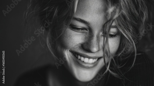 Black and White Portrait of Woman with Freckles and Closed Eyes Smiling