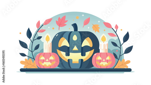 Flat vector illustration of black and pink jack-o'-lantern pumpkins with candles and autumn leaves, festive Halloween concept in warm seasonal colors