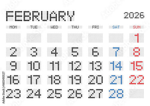 2026年2月の電光掲示板風カレンダー 月曜始まり 日本の祝日表記無し