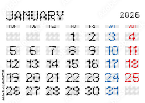 2026年1月の電光掲示板風カレンダー 月曜始まり 日本の祝日表記無し