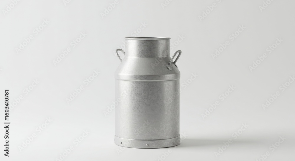A metal milk can stands centered against a plain white background, showcasing its cylindrical shape and handles. A metal milk can stands centered against a plain white background, showcasing its cylindrical shape and handles.