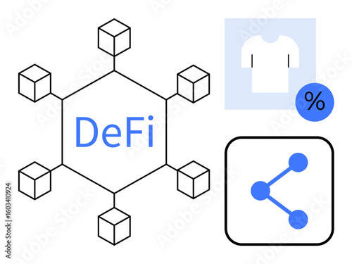 Blockchain hexagon with interconnected cubes, DeFi text, e-commerce shirt icon, discount percentage, and share option. Ideal for DeFi, blockchain, e-commerce, sharing technology finance simple