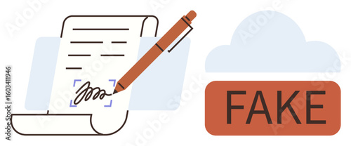 Pen signing document, fake detection alert with cloud icon. Ideal for authentication, validation, forgery prevention, digital security, legal compliance, fraud detection, data integrity simple flat