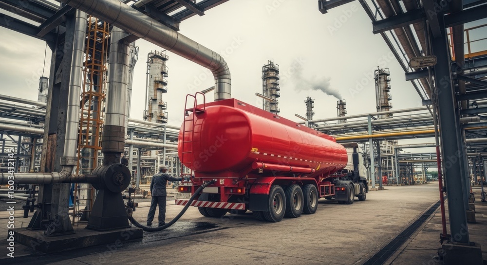 Fototapeta premium Wide angle view of a tanker truck receiving fuel at an oil refinery facility.