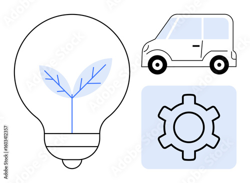 Lightbulb featuring a growing plant, a compact car, and a gear. Ideal for sustainability, green energy, technology, eco-friendly solutions, renewable energy, innovation simple landing page