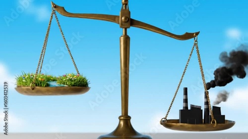 Symbolic Scale Weighing Clean Air Against Industrial Pollution with Blue Sky Background