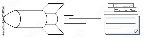 Rocket flying towards stacked books and documents, symbolizing progress, learning, achievement, innovation, education, research, and growth. Ideal for success metaphors and simple flat metaphor