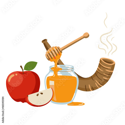 Rosh Hashanah Symbols Vector – Apple, Honey, and Shofar on White Background