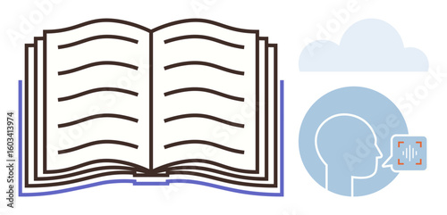 Open book with visible lines symbolizing text next to a head profile with sound waves. Ideal for education, learning, knowledge, audiobook, storytelling, communication, content creation. Simple flat