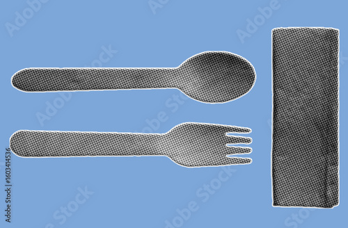 Close up of spoon, fork and napkin pixelate color halftone dotted texture style collage element	isolated on blue background