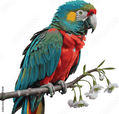 Colorful vector illustration of a macaw parrot perched on a branch with white flowers