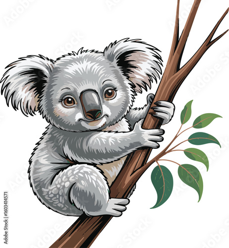 Adorable cartoon koala bear resting on a tree branch with green eucalyptus leaves
